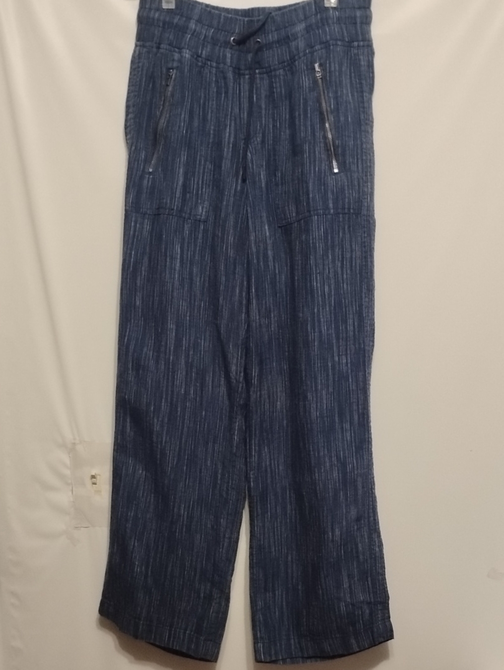 Athleta Cabo Linen Textured Navy Stripe Wide-Leg Drawstring Pant